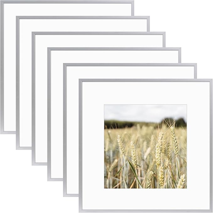 Golden State Art, Gallery Wall Frame Set of 6 - Silver 12x12 Aluminum Photo Frames with Mat for 8x8 Pictures - 12 x 12 inch Metal Frame with Real Glass Cover - Elegant Home or Office Decor