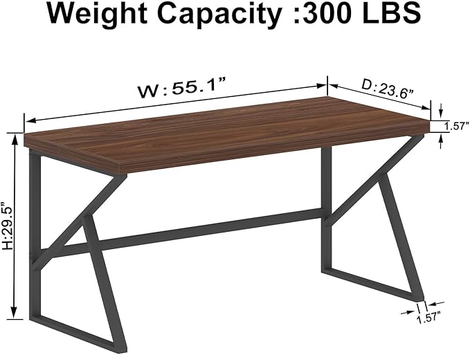 HSH Walnut Computer Desk, Industrial Modern Metal Wood Desk Workstation, Rustic Executive PC Laptop Work Desk Table for Home Office, Simple 55 Inch Writing Study Gaming Desk in Bedroom Living Room