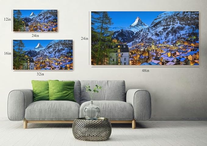 Aerial View Zermatt Valley and Matterhorn Peak at Dawn Canvas Wall Art Large Framed Prints Pictures Wall Decor Posters Painting Artwork for Living Room Bedroom Kitchen Bathroom 24x47