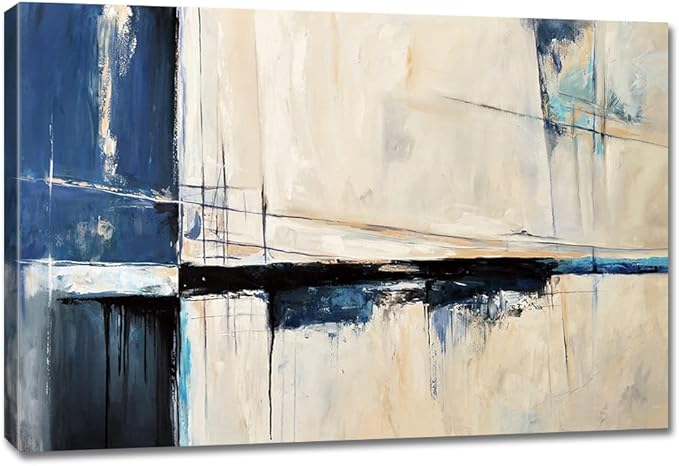 Large Abstract Canvas Wall Art Modern Geometric Art Paintings Blue Blocks and Lines Painted on Cream Background Elegantly Framed Artwork Pictures for Living Room Bedroom Wall Decor 48x32in