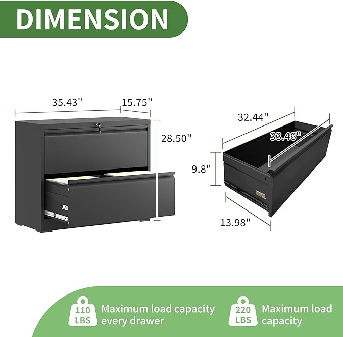 2 Drawer File Cabinet,Metal Lateral Filing Cabinet with Lock,Home Office Storage Organizer Cabinet for Legal/Letter/A4/F4 Size Files,35.5" W,Black