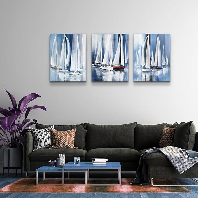 3 Piece Framed Canvas Wall Art For Living Room Large Size Bedroom Wall Decor Art Ocean Landscape Sea Sailboat Abstract Canvas Painting Ready To Hang Office Home Decoration Poster Pictures Artworks