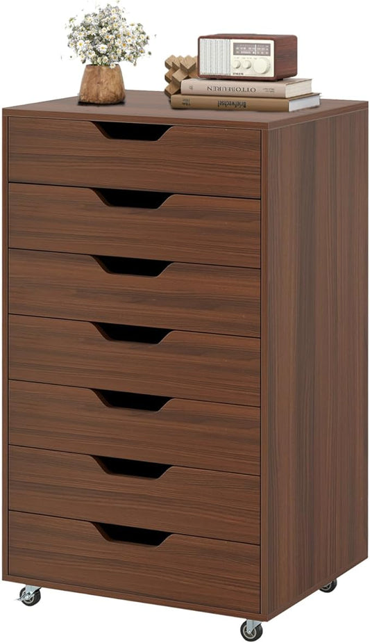 7 Drawer File Cabinet, 34.5" Vertical Storage Drawer Cart, Under Desk Office Organizer, Wooden Printer Stand, Rolling Filing Cabinet for Home Office (Walnut)