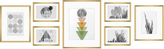 Golden State Art, Aluminum Gallery Wall Frame Set of 7 - Includes One 11x14, Two 8x10, and Four 5x7 - Metal Frames with Mat & Real Glass Cover for Elegant Home or Office Decor (Style 2, Bronze)