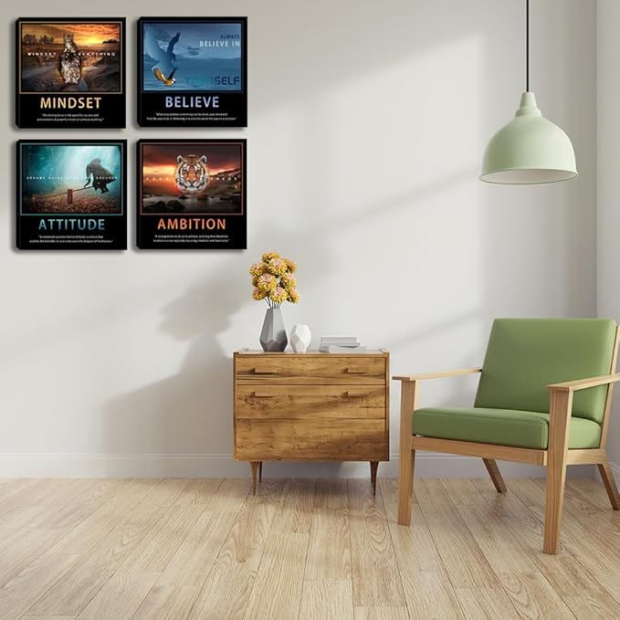 Motivational Wall Art Decor Quotes Canvas Wall Art Set of 4 Motivation Picture Prints for Home Office Canvas Painting Wall Art Poster Prints Wall Pictures Decoration Framed Ready to Hang 16"x16"x4