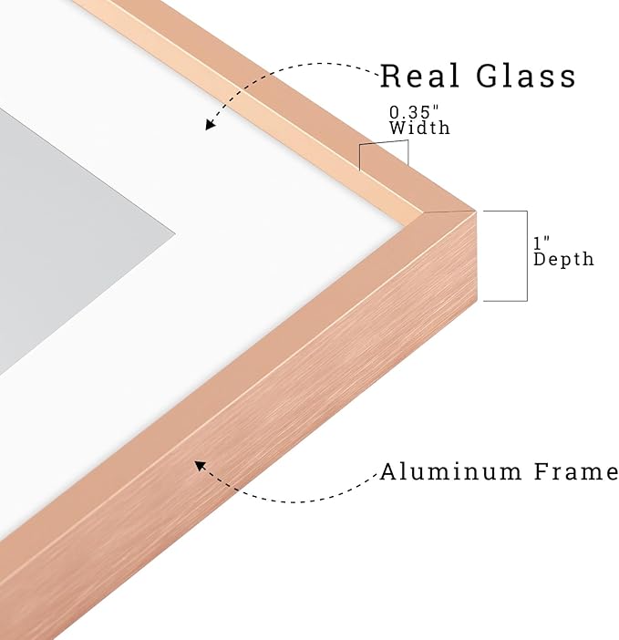 Frametory, Aluminum Picture Frames Set of 7 - Rose Gold Gallery Wall Kit - Displays One 11x14, Two 8x10, and Four 5x7 inch Photos for Home Decoration
