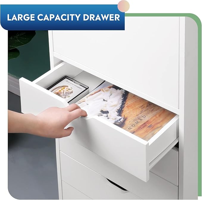 DEVAISE Wood File Drawers, Mobile Office Cabinet with 5 Drawer and 1 Door, Rolling Filing Drawer for Home Office, White
