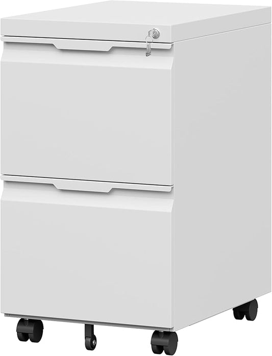 2 Drawer Metal Rolling File Cabinet with Lock, Under Desk Mobile Filing Cabinet for Home Office, Printer Stand with Casters Fits A4/Letter/Legal Size Documents, White