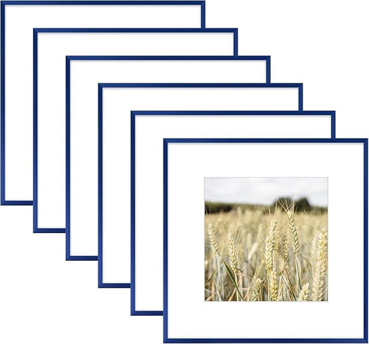 Golden State Art 12x12 Picture Frame 6 Pack - Navy Blue Aluminum Photo Frames With 8x8 Mats and Real Glass Cover - Elegant Minimalist Wall Gallery Frames for Home or Office Decor