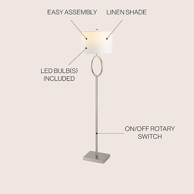 JONATHAN Y 61" Nickel Metal LED Floor Lamp for Living Room Modern Hoop Design Standing Lamp, White Linen Drum Shade, Bedroom Home Office, LED Bulb Included (JYL1089C)