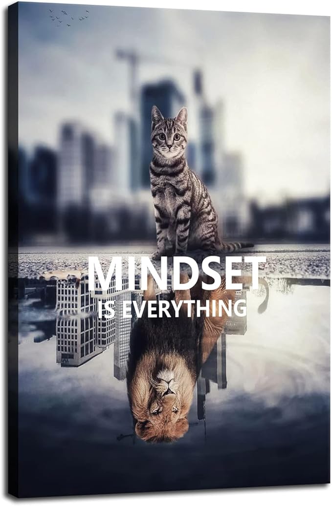 Mindset is Everything Canvas Wall Art Cute Animal Poster Cat Lion Picture Printing Inspiring Picture Frame Artwork Modern Home Decoration Office Living Room Ready to Hang[24''W x 36''H]