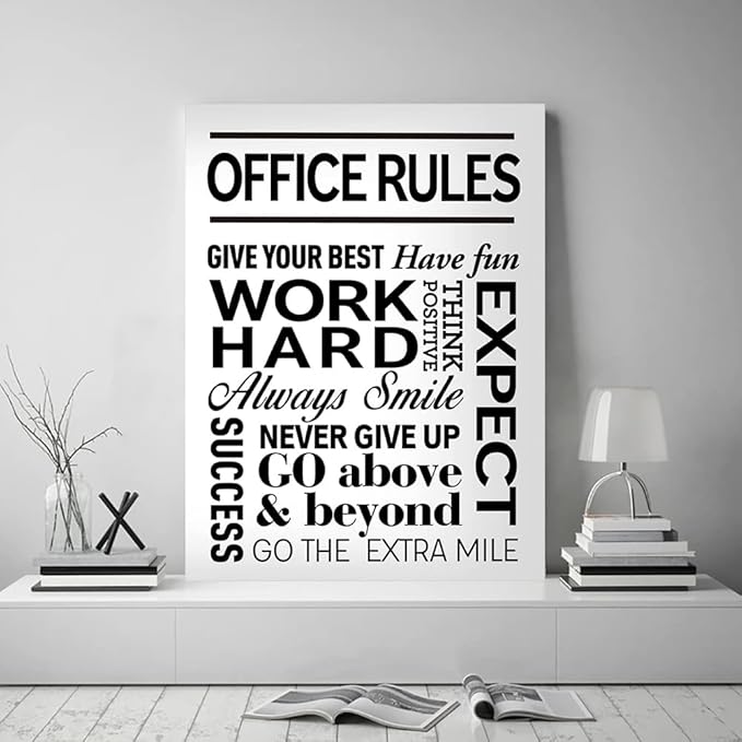 Black and White Inspirational Quote Office Rules Canvas Poster Motivational Print Paintings for Home Office Wall Art Decoration Wooden Framed Ready to Hang-18 x 24 inches
