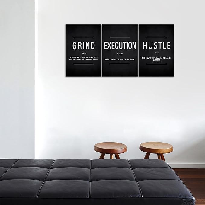 Grind Hustle Execution Wall Art Inspirational Wall Decor Motivational Quotes Pictures Posters 3 Pieces Framed Canvas Wall Art Prints Goal Artwork Home Office Wall Decor Ready to Hang16x24inchx3pcs