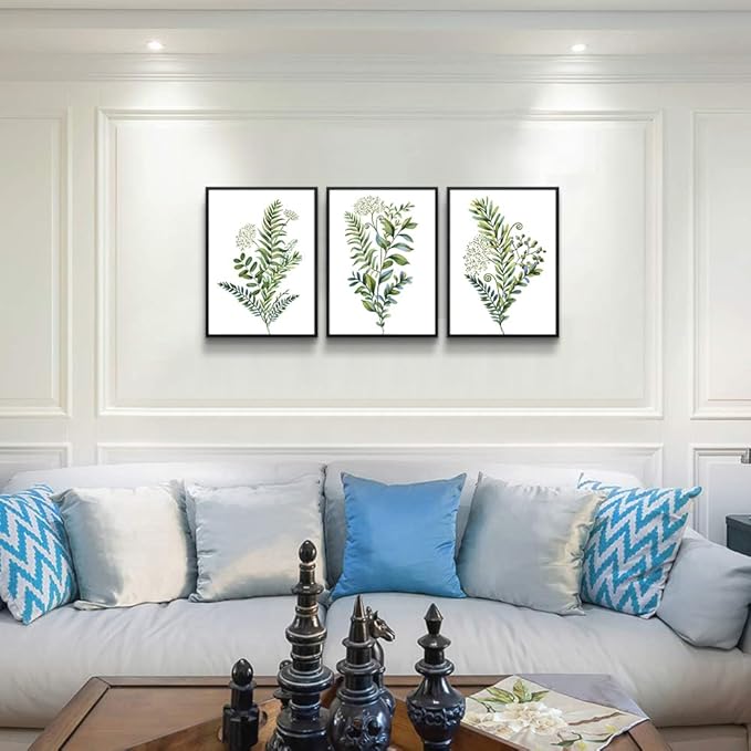Black Framed 3 Pieces Framed Wall Art For Living Room Bathroom Wall Decorations Kitchen Wall Decor Canvas Print Decor Modern Simple Bedroom Home Decoration Green Leaves Poster Wall Paintings