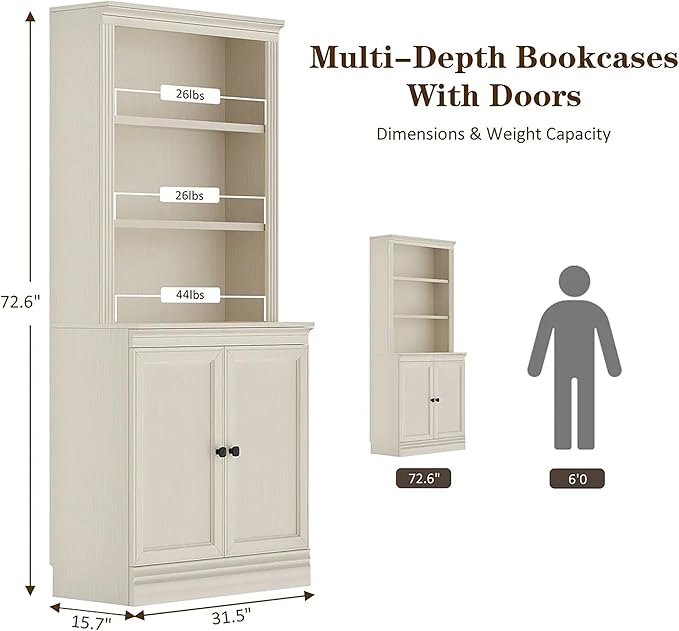 JAHRSTIM Halston Multi-Depth Bookcase, Adjustable Storage Shelving Unit with Doors for Home and Office Space, 31.5”L x 15.75”W x 72.8”H, Cream
