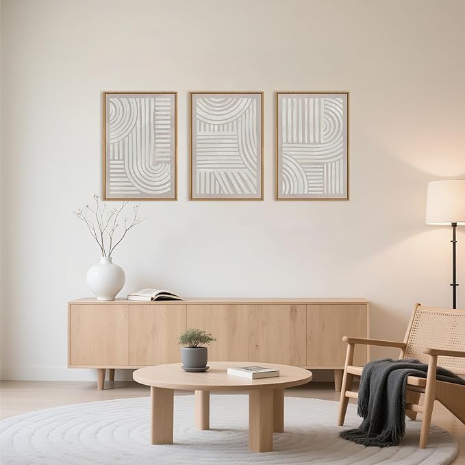 Large Abstract Neutral Geometric Framed Canvas Wall Art,Boho Minimalist Shapes Wall Decor,Modern Lines Artwork,Mid Century Arch Art Print for Living Room,Bedroom,Office- 16"x24"x3