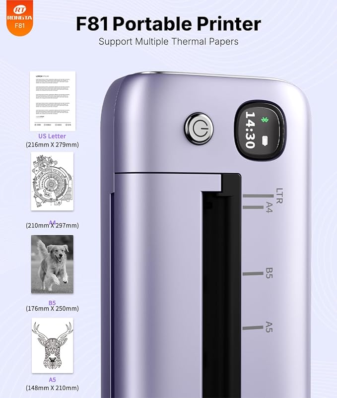 Rongta Portable Printers Wireless for Travel, Bluetooth Mobile Printer, Thermal Inkless Printer for School/Office/Home Use, Compatible with Android,iOS & Laptop (Purple)