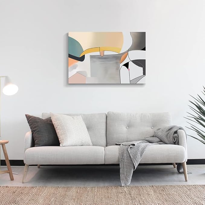Wall Art Canvas Abstract Color Block Line Art Prints Apricot Cyan Black Grey Color Blocks and Lines Painting Modern Artwork Decor for Living Room Bedroom Kitchen 36x24in