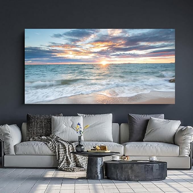 Yxbhhym-Beach Sunset Wall Art Coastal Decor Seascape Canvas Prints Ocean Picture for Living Room Decor Waves Sea Poster Landscape Painting Bedroom Wall Art Office Artwork Home Decorations