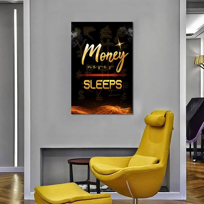 Large Size Money Never Sleeps Motivational Framed Wall Art Canvas Paintings Black and White Golden Artwork Stretched and Framed Easy to Hang-28x44 inch