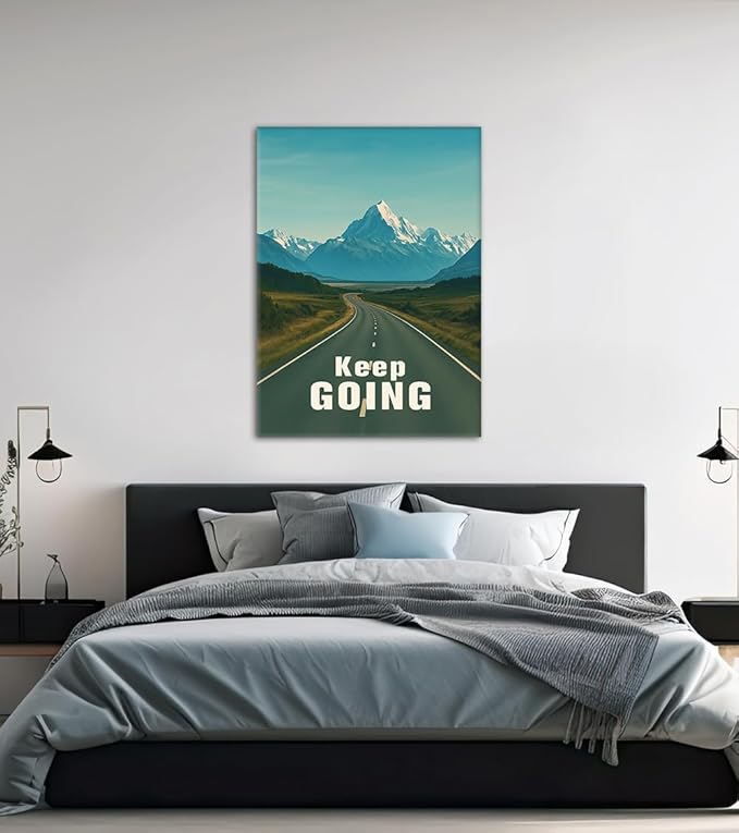 Keep Going Wall Art - Inspirational Canvas Print with Highway and Mountains, Encouraging Poster Inspirational Quote Wall Decor Modern Success Artwork for Office Home Gym, Framed 24"x36"