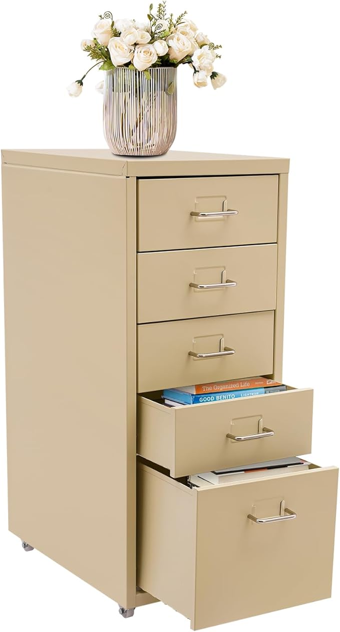 Metal File Storage Cabinet, 5 Drawer Vertical Filing Cabinets with Wheels Under Desk Storage Drawers, 11 * 16.1 * 27.1in Mobile File Cabinets Under Desk Cabinet for Bedroom, Office (Beige)