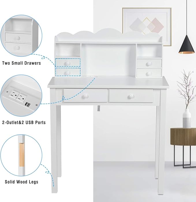 ADORNEVE Small White Writing Desk with Hutch and USB Ports, 31.5 inch Home Office Desk with Drawers, Study Table for Kids/Student, Makeup Dressing Table Save Space Gifts