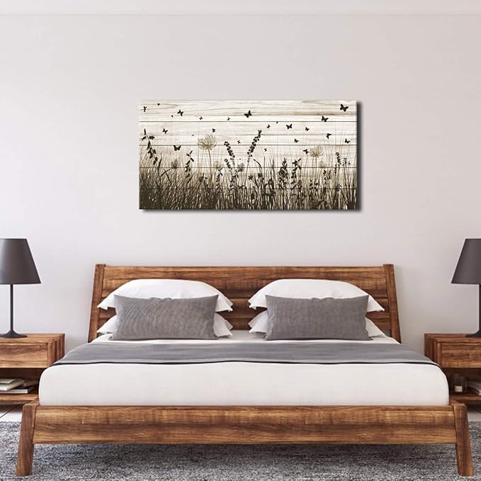 Wildflower Wall Art Autumn Canvas Picture Butterfly Grass Dandelion Artwork Vintage Wooden Board Painting Prints for Bedroom Living Room Office Home Kitchen Wall Decor Framed Ready to Hang 29" x 58"