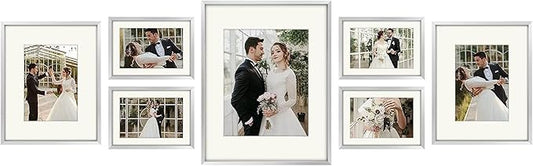 Golden State Art, Picture Frame Set 7 Pack, Gallery Wall Frame with One 11x14, Two 8x10, and Four 5x7. Aluminum Photos Frame for Wall or Tabletop Display (Style 1, Silver, 7 Pack)