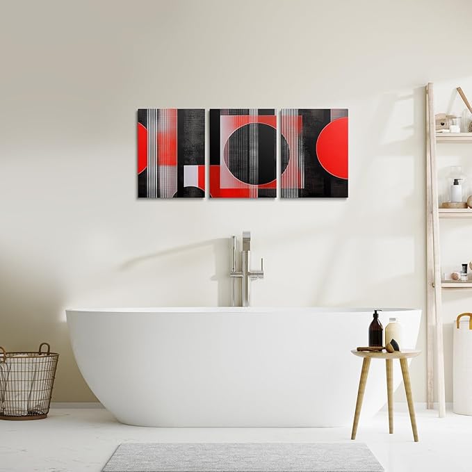 jejeloiu 12"x16"x3pcs Office Decorations Artwork Posters Modern Geometric 3 Piece Canvas Wall Art for Living Room Bedroom Red Abstract Art Picture Wall Decor