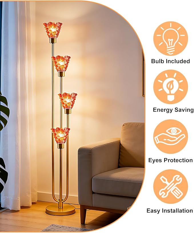 4-Light Modern Glass Floor Lamp, Gold Tall Standing Lamp with Pomegranate Red Flower Glass Shade, Dimmable LED Floor Lamp with Line Control for Living Room Bedroom, Bulb Included