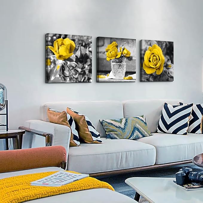 Lapremoly Wall Decor For Bedroom Canvas Wall Art For Kitchen Restaurant Black And White Wall Painting Yellow Rose Pictures Print Art Ready To Hang Girls Gift Room Modern Home Decoration 16"X16"