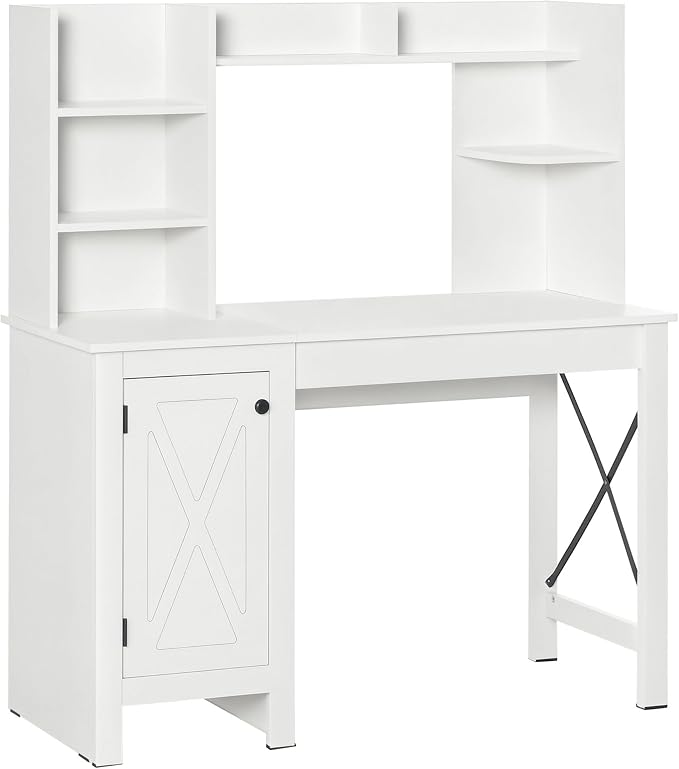 HOMCOM Farmhouse Computer Desk with Hutch and Cabinet, Home Office Desk with Storage, for Study, White