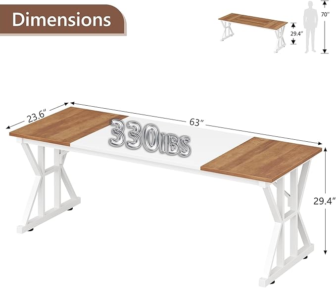 TVU Computer Desk, 63 inch Large Office Desk, Study Writing Table with Thicken Frame, Gaming Desk, Modern Simple Desk for Home Office, Brown/White