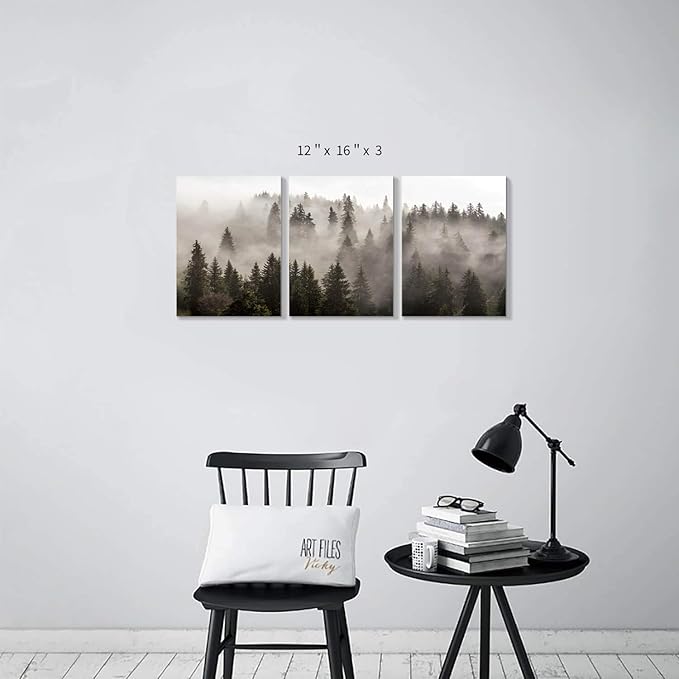 Foggy Forest Picture Wall Art: Landscape Painting Misty Pine Trees Artwork Print on Canvas for Kids Rooms(16"x12"x3pcs)