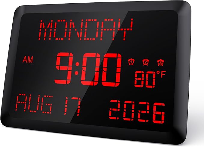 Raynic Digital Clock, 11.5" Large Display Digital Calendar Clock with Day and Date, Indoor Temperature, Adjustable Brightness, Snooze,12/24H, DST for Home, Office, Elderly