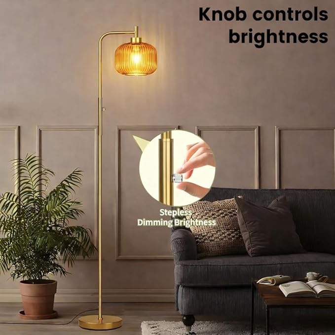 Glass Floor Lamp for Living Room, Dimmer Standing Lamp with Green Ribbed Lampshade,66” Tall Lamp & Gold Floor Lamp for Bedroom Study Room,Brushed Gold (Drum Amber Glass Shade)