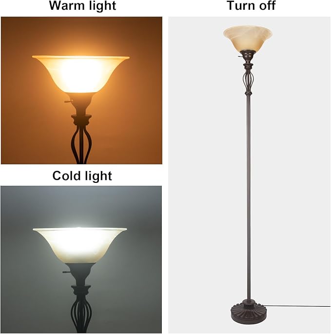 HonoDing Torchiere Floor Lamps for Living Room & Bedroom – Stand Up Lamp with Corner Floor Lamp Design – Traditional Iron Scroll 70" Tall Alabaster Glass Bowl Shade (Brown)