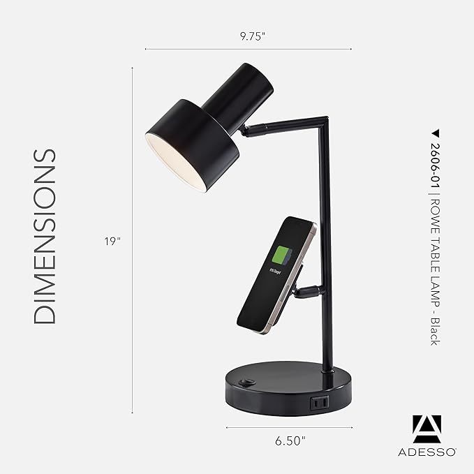 Adesso Supercharger Lamp with USB-A, USB-C, AC Outlet & Wireless Charging Pad – Black Desk Lamp with Adjustable Shade and Power Station Base for Home, Office, or Dorm