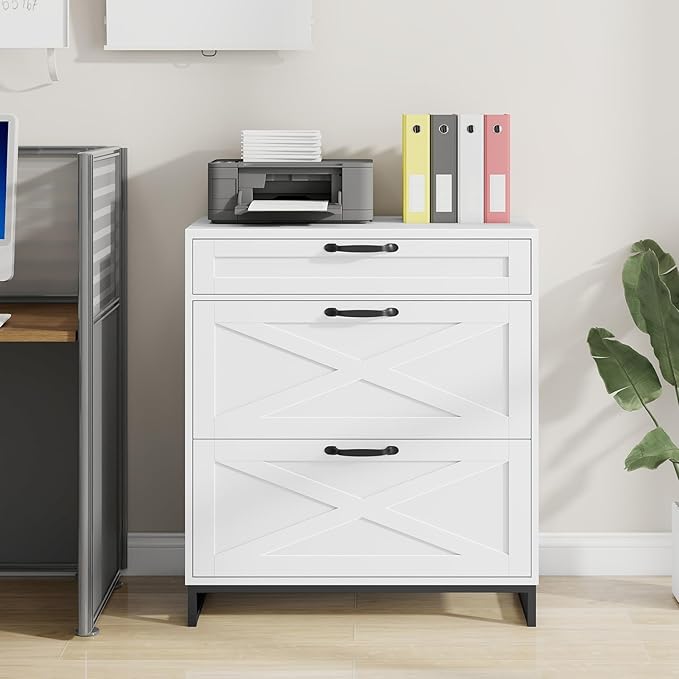 Vabches Lateral File Cabinet with 3 Drawers, Modern Farmhouse File Cabinet for Legal/Letter/A4 Size Hanging Files, Large Wood Printer Stand Home Office, White