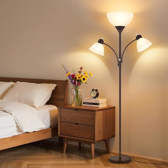 Floor Lamp for Living Room,72" Dimmable Torchiere Lamp with 2 Reading Lights for Bedroom, Brown Tall Standing Room Lamp, 3 Bulbs Included