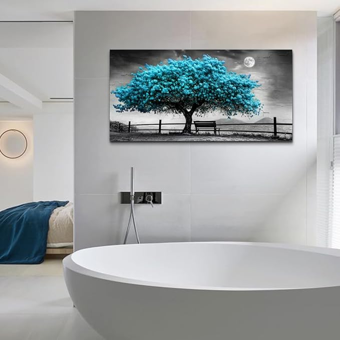 KELIYUAN Blue Tree Of Life Canvas Painting Living Room Office Bedroom Bathroom Wall Decoration Black And White Wall Art Print Modern Natural Tree Art Waterproof Can Be Directly Hung 20x40 In