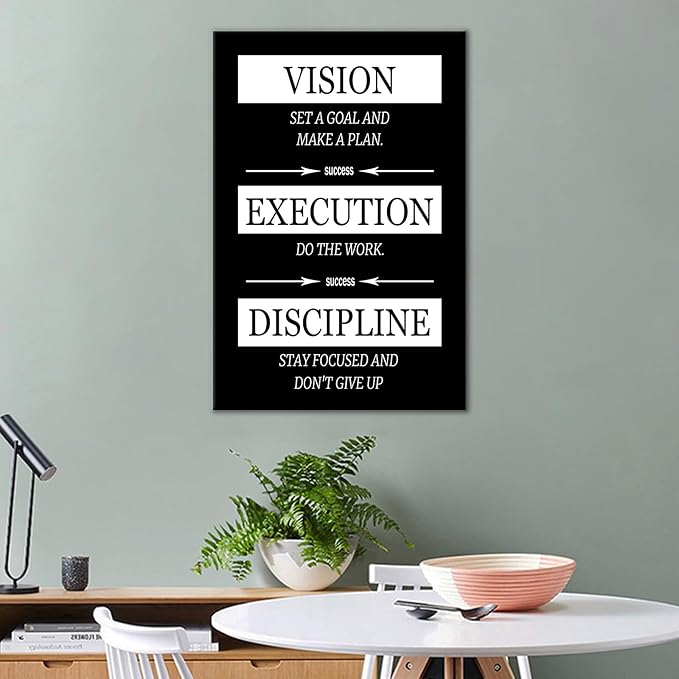 Inspirational Canvas Wall Art Poster Print Vision Execution Discipline Motivational Home Decor Quotes Picture Painting for Modern Bedroom Company Office Gym Stretched and Framed [12''Wx18''H]