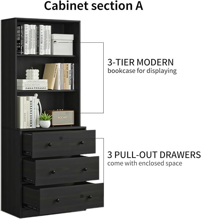 TUSY 71" H Bookshelf with Storage, 6-Tier Modern Bookshelves with 3 Large Drawer, Display Bookcase with Glass Doors, Modern 5-Tier Curio Cabinet for Home Office, Dining Room (Black, ABBA)