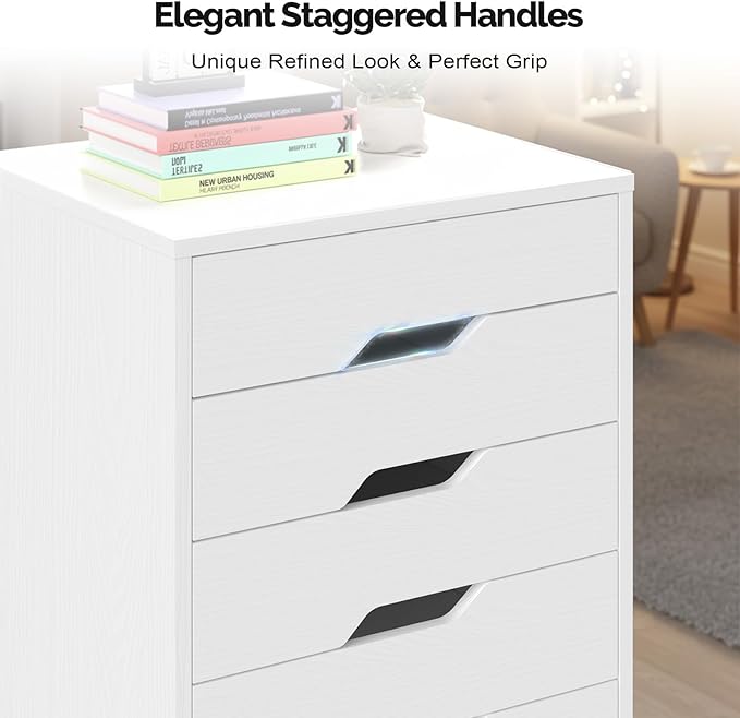VINGLI 5 Drawers Rolling File Cabinet with Wheels, Under Desk Storage Organization, Vertical Filing Chest Mobile Wood Small Desk Printer Stand for Home Office, 19" W × 15.8" D × 25.6" H, White