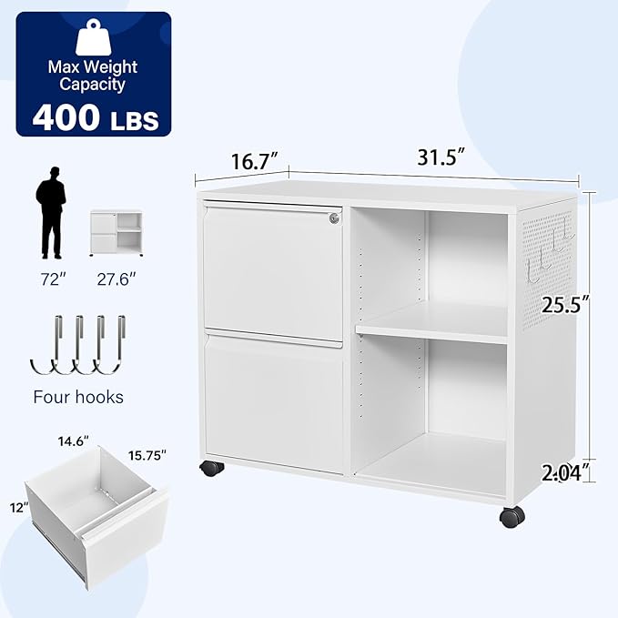 Yizosh 2-Drawer Metal File Cabinet with Lock, Mobile Lateral Filing Cabinet, Printer Stand with Adjustable Storage Shelves for Home Office (White)