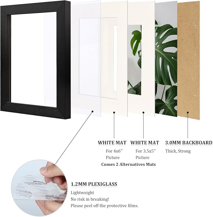 Egofine 5x7 Picture Frame 4PCS Made of Solid Wood, Display Picture 3.5x5/4x6 with Mat or 5x7 Covered by Plexiglass for Table Top Display and Wall Mounting Photo Frame, Black with Texture