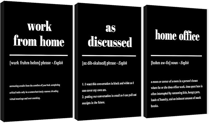 3 Piece Inspirational Canvas Wall Art, Quote "Work From Home - as Discussed - Home Office" Motivational Print Picture, Triptych Entrepreneur Poster Framed Artwork for Men Women Room Decor(36"Wx18" H)