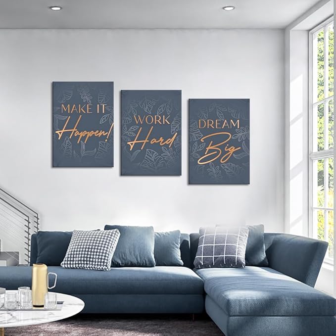 3 Panel Motivational Wall Art - Dream Big Work Hard Make It Happen Quotes On Canvas Inspirational Wall Decor Office Picture Artwork Entrepreneur Poster Modern Positive Print for Home, Framed 20"x28"x3