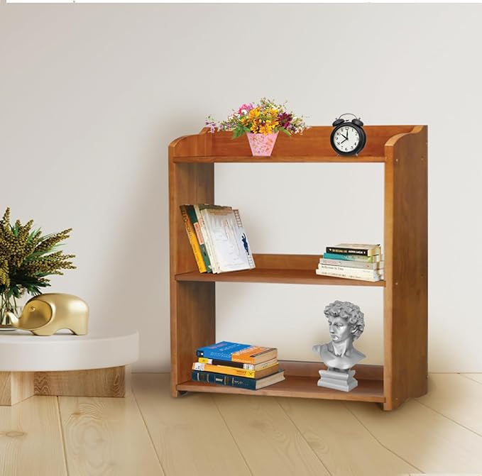 Narrow Bookcase by Natural Wood, 4 Tier Bookshelf, Small Book Shelves Freestanding Display Storage Shelves. Open Bookshelf for Bedroom, Living Room and Office (Brown, 3 Tier Simple)